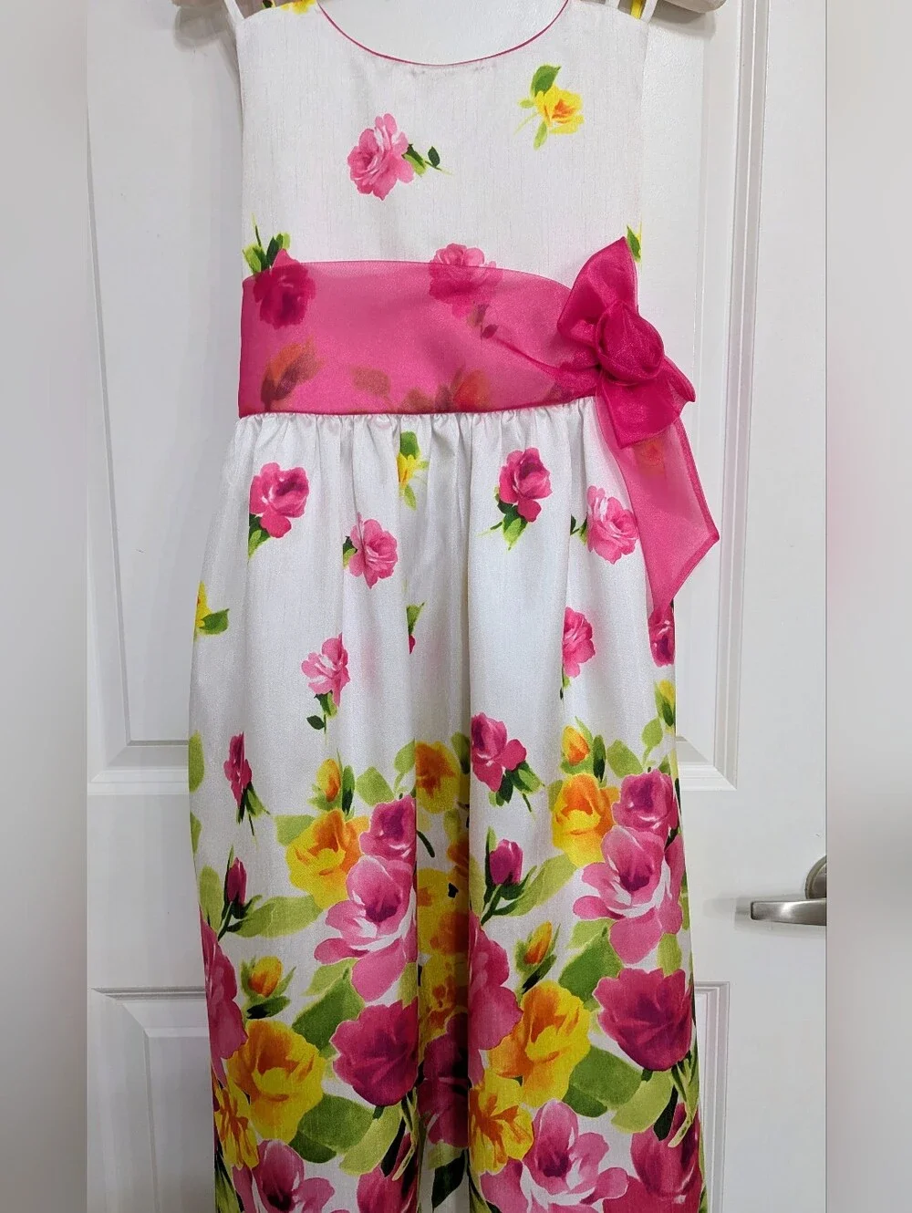 Bonnie Jean Floral Dress with Pink Organza Sash & Bow -Girls Plus Size 18.5